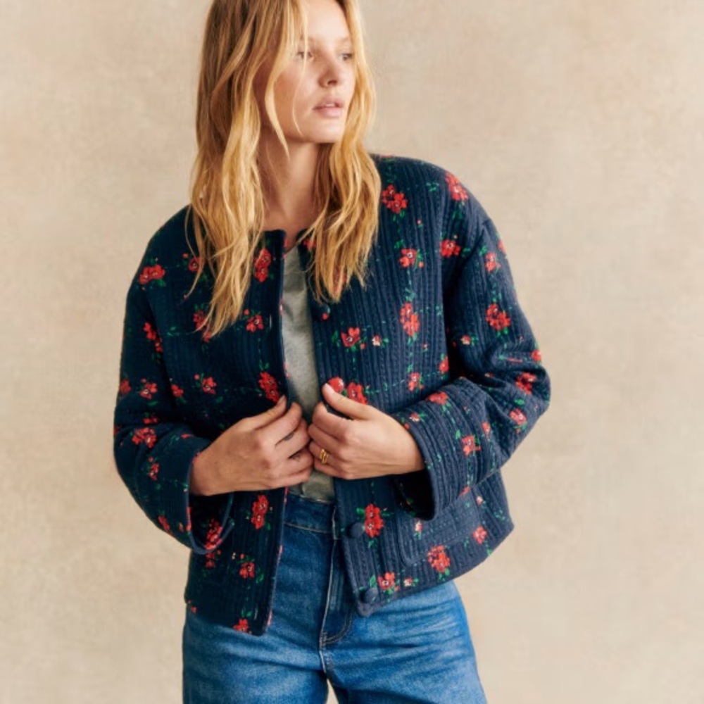 Sezane Dakota Floral Quilted Jacket - Navy and Red